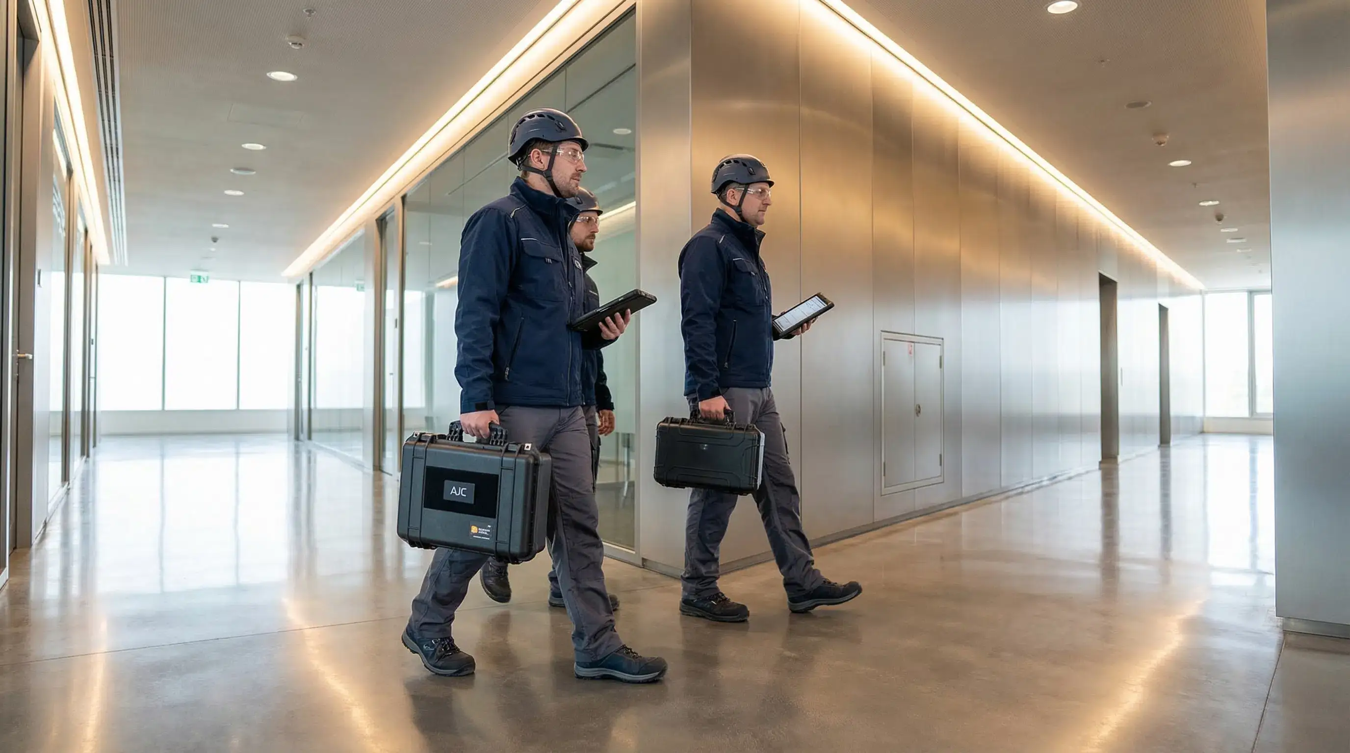 HVAC engineering team walking through modern facility